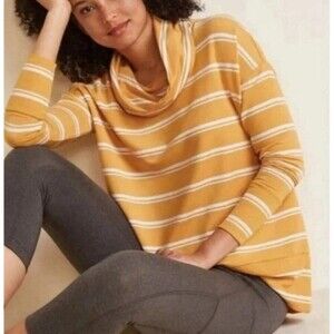 Garnet Hill Cowl Neck Knit Tunic Gold Yellow & White Striped Size Large Cozy